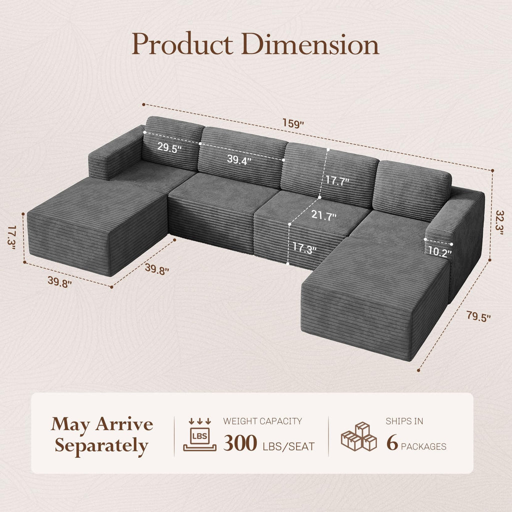 159" Large Modular Sectional Sofa, U-Shaped Corduroy Cloud Couch with Deep Seats & Spring Support, 4-Seater Boneless Sofa with 2 Movable Ottomans, No Assembly Needed, Grey