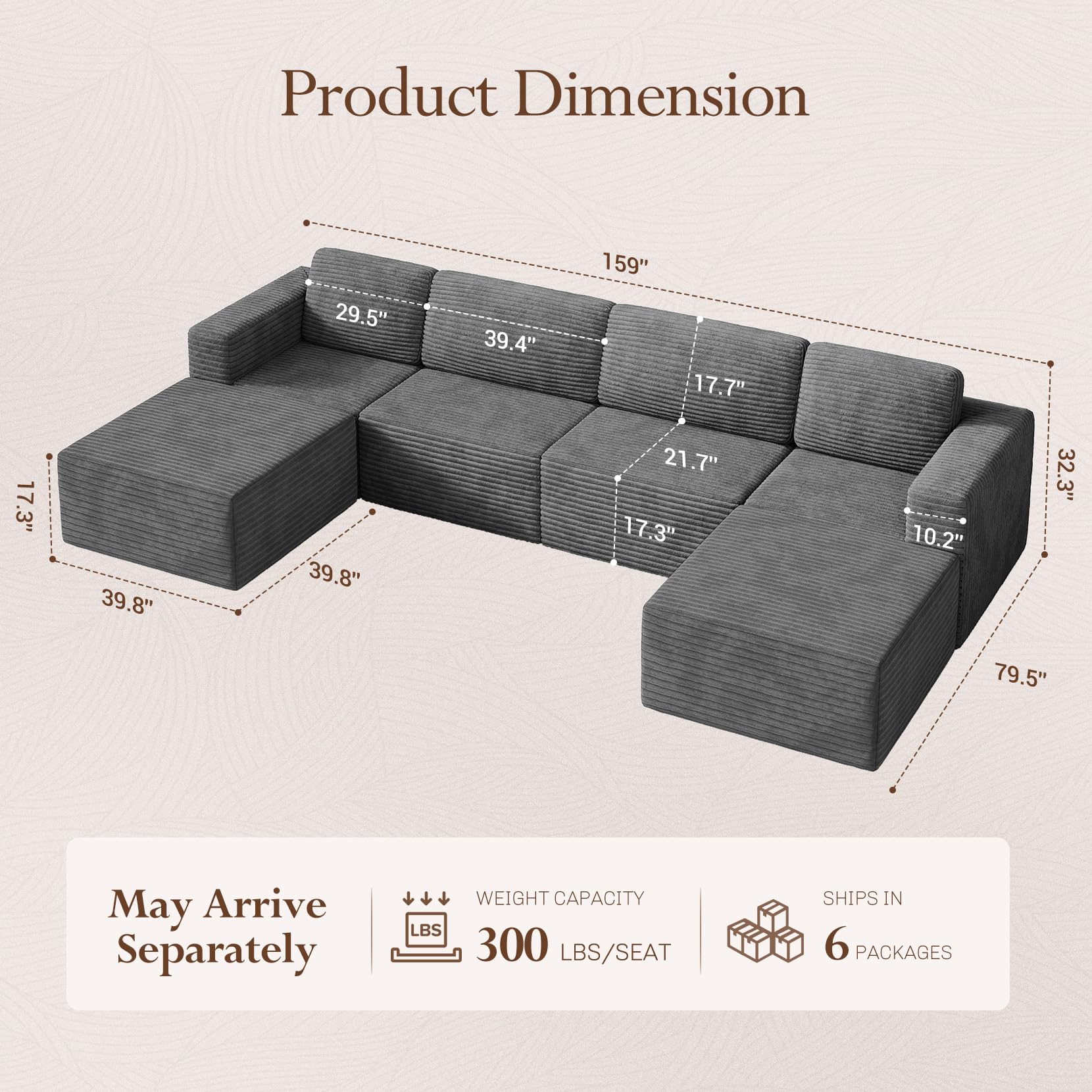 159" Large Modular Sectional Sofa, U-Shaped Corduroy Cloud Couch with Deep Seats & Spring Support, 4-Seater Boneless Sofa with 2 Movable Ottomans, No Assembly Needed, Grey