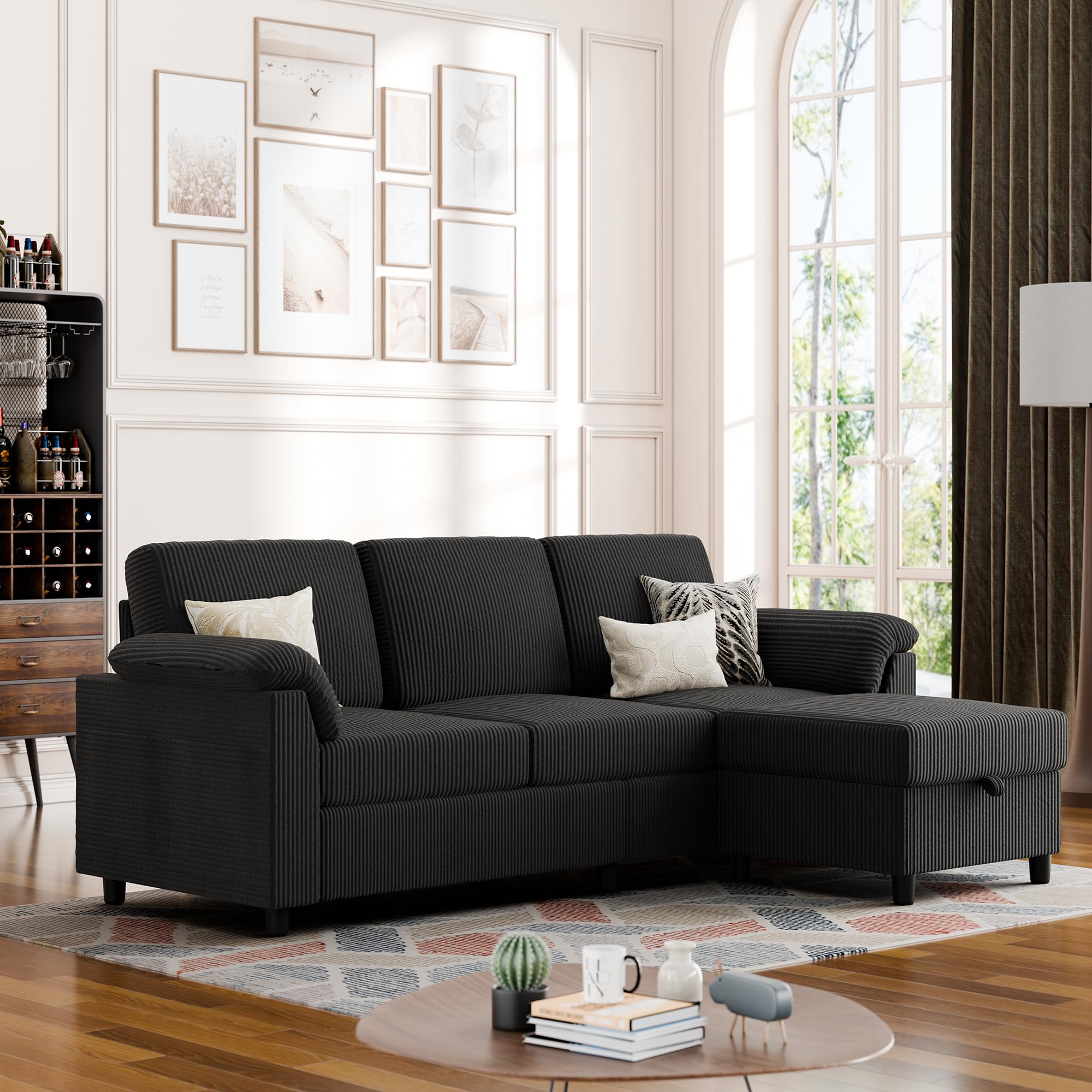 Convertible Sectional Couches, 3 Seat L Shaped Couch Sofa with Removable Pillows Soft Corduroy Fabric Small Couch Mid Century for Living Room, Apartment and Office Black
