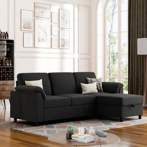 Convertible Sectional Couches, 3 Seat L Shaped Couch Sofa with Removable Pillows Soft Corduroy Fabric Small Couch Mid Century for Living Room, Apartment and Office Black