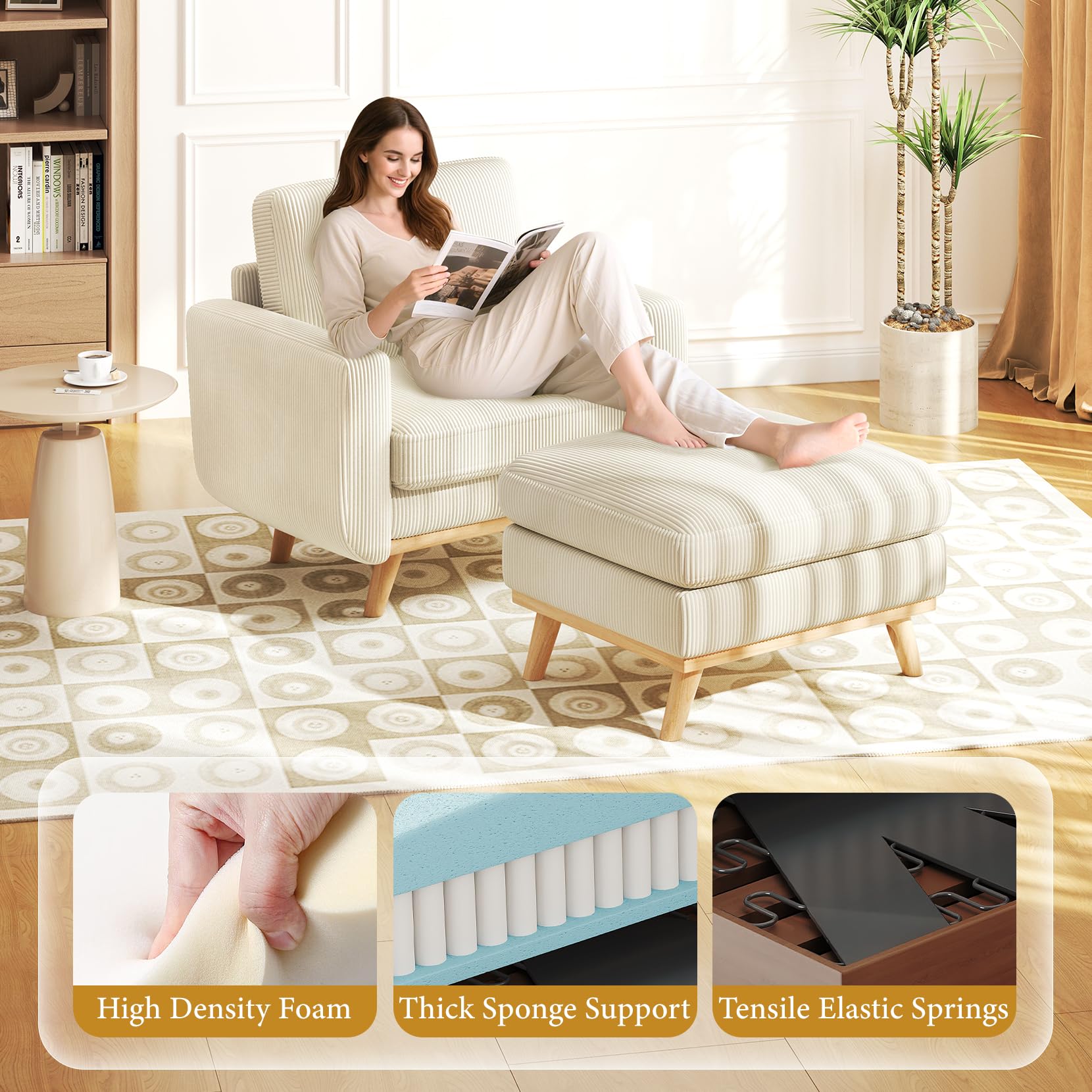 38.5" Accent Chair with Movable Ottoman, Comfy Corduroy Armchair with Spring Cushion, Reading Chair with Ottoman, Modern Single Sofa for Living Room, Bedroom and Apartment, Beige