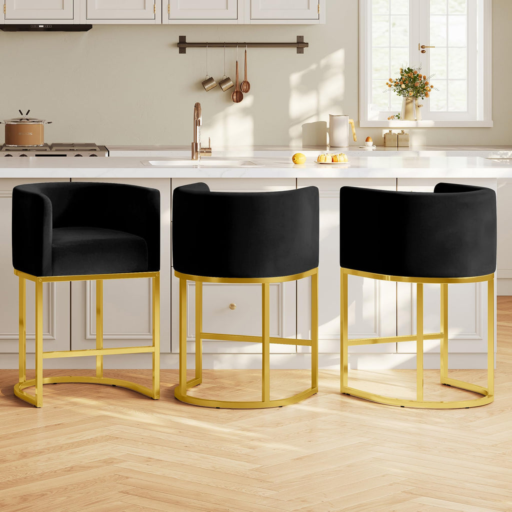 Modern Counter Height Bar Stools,Bar Stools Set of 3,Velvet Fabric Upholstered Barrel Barstools with Backs,24'' Kitchen Island Chairs,Metal Gold Frames,Ink Black Velvet