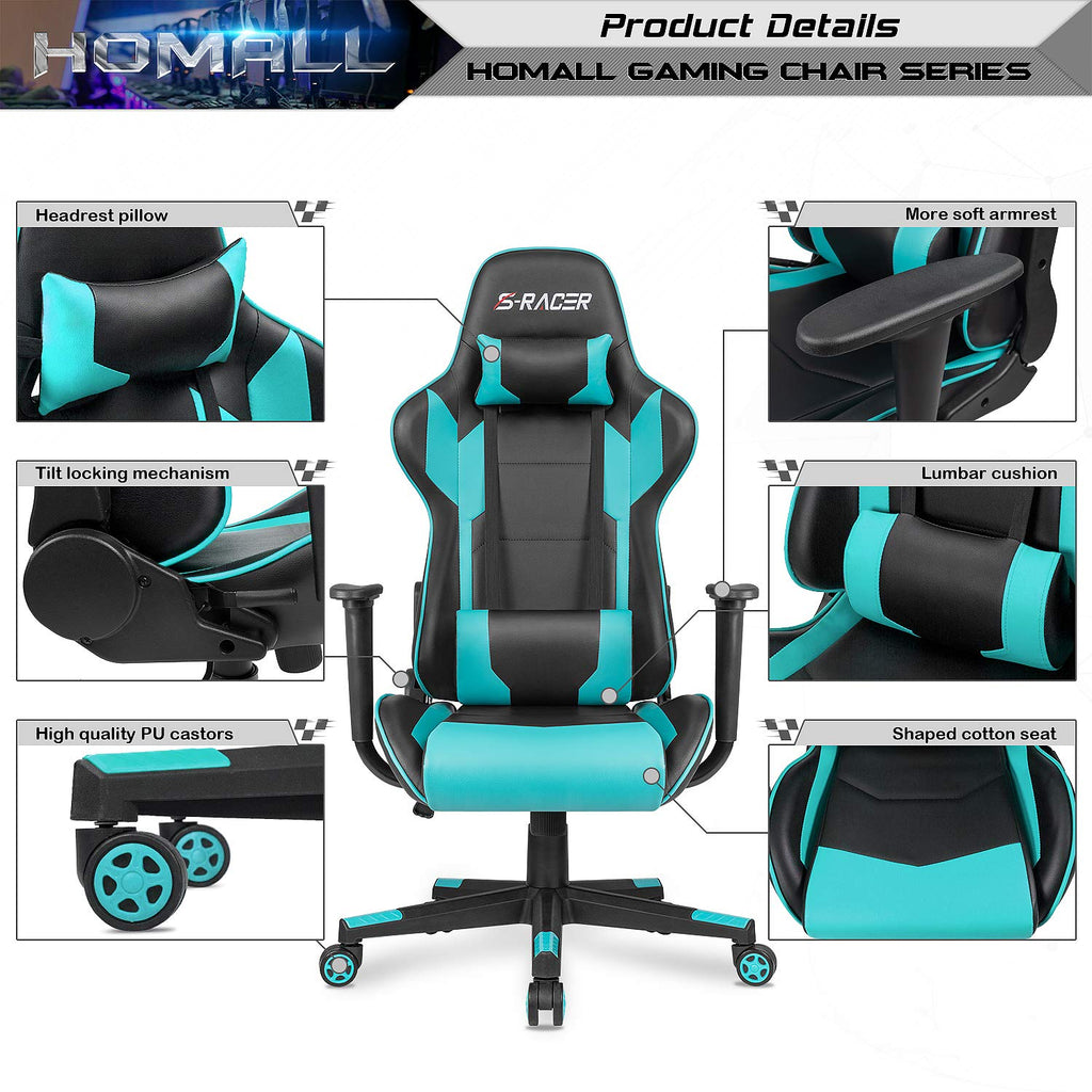 Gaming Chair, Office Chair High Back Computer Chair Leather Desk Chair Racing Executive Ergonomic Adjustable Swivel Task Chair with Headrest and Lumbar Support(Cyan)