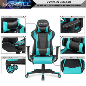Gaming Chair, Office Chair High Back Computer Chair Leather Desk Chair Racing Executive Ergonomic Adjustable Swivel Task Chair with Headrest and Lumbar Support(Cyan)