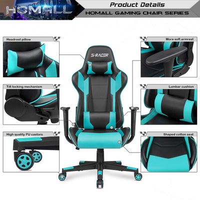 Gaming Chair, Office Chair High Back Computer Chair Leather Desk Chair Racing Executive Ergonomic Adjustable Swivel Task Chair with Headrest and Lumbar Support(Cyan)