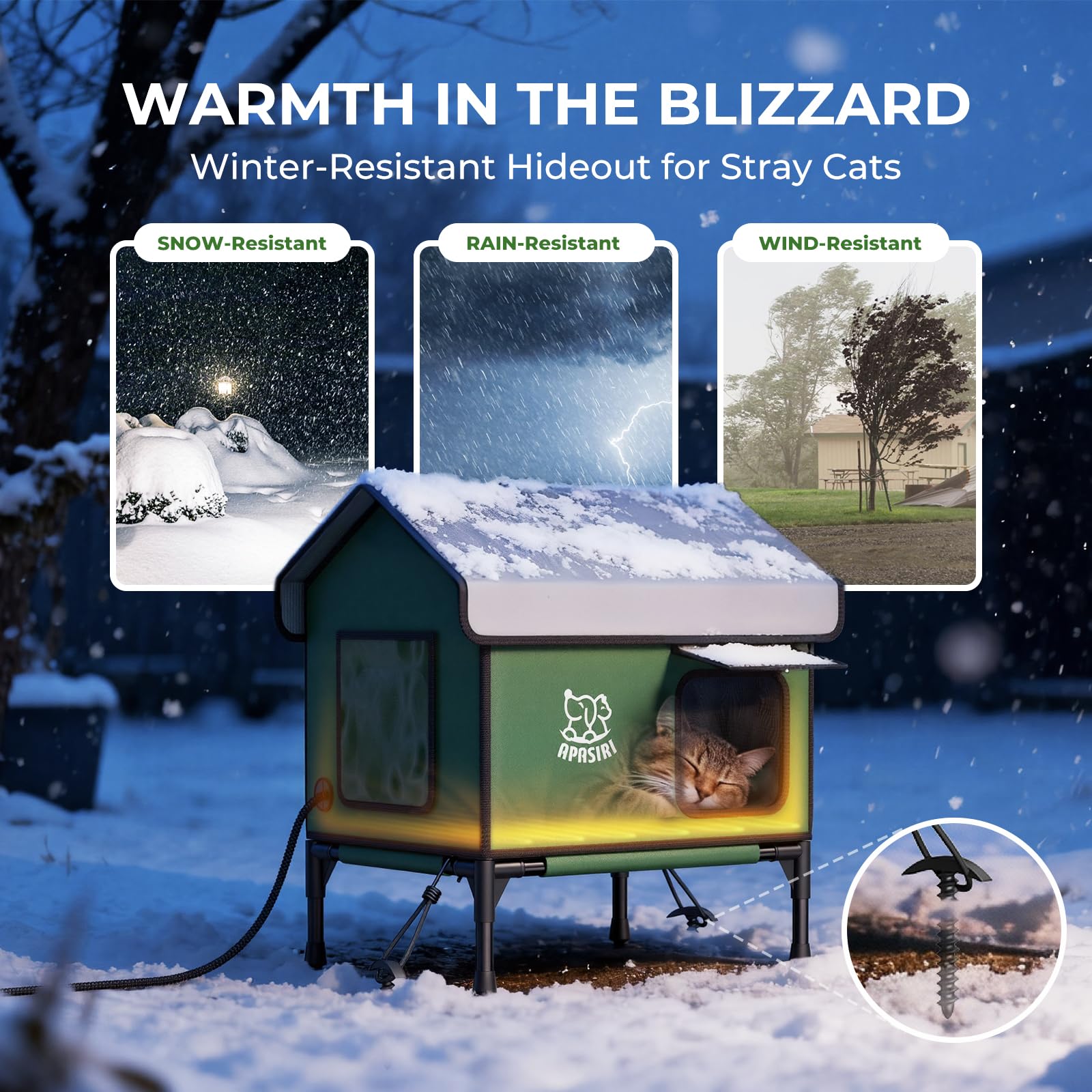 Heated Outdoor Cat House Weatherproof - Insulated Cat Shelter with Thermostatic Heating Pad, Water Resistant 900D Oxford Feral Cat House with Anti-Peep Curtains Escape Door for Winter, Small