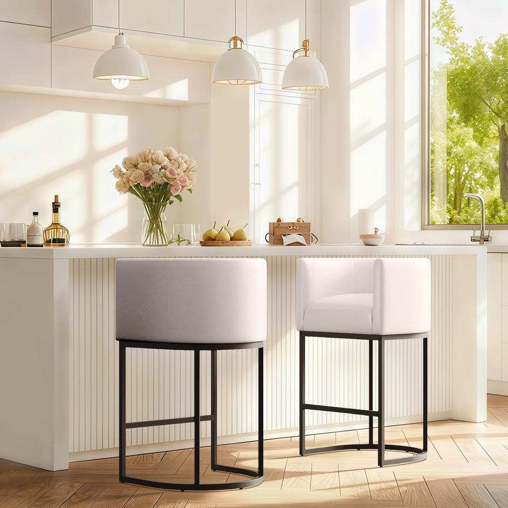 24" Modern Counter Height Bar Stools,PU Leather Upholstered Barrel Barstools with Backs,Island Chairs Bar Stools Set of 1,Metal Black, Beige White Leather