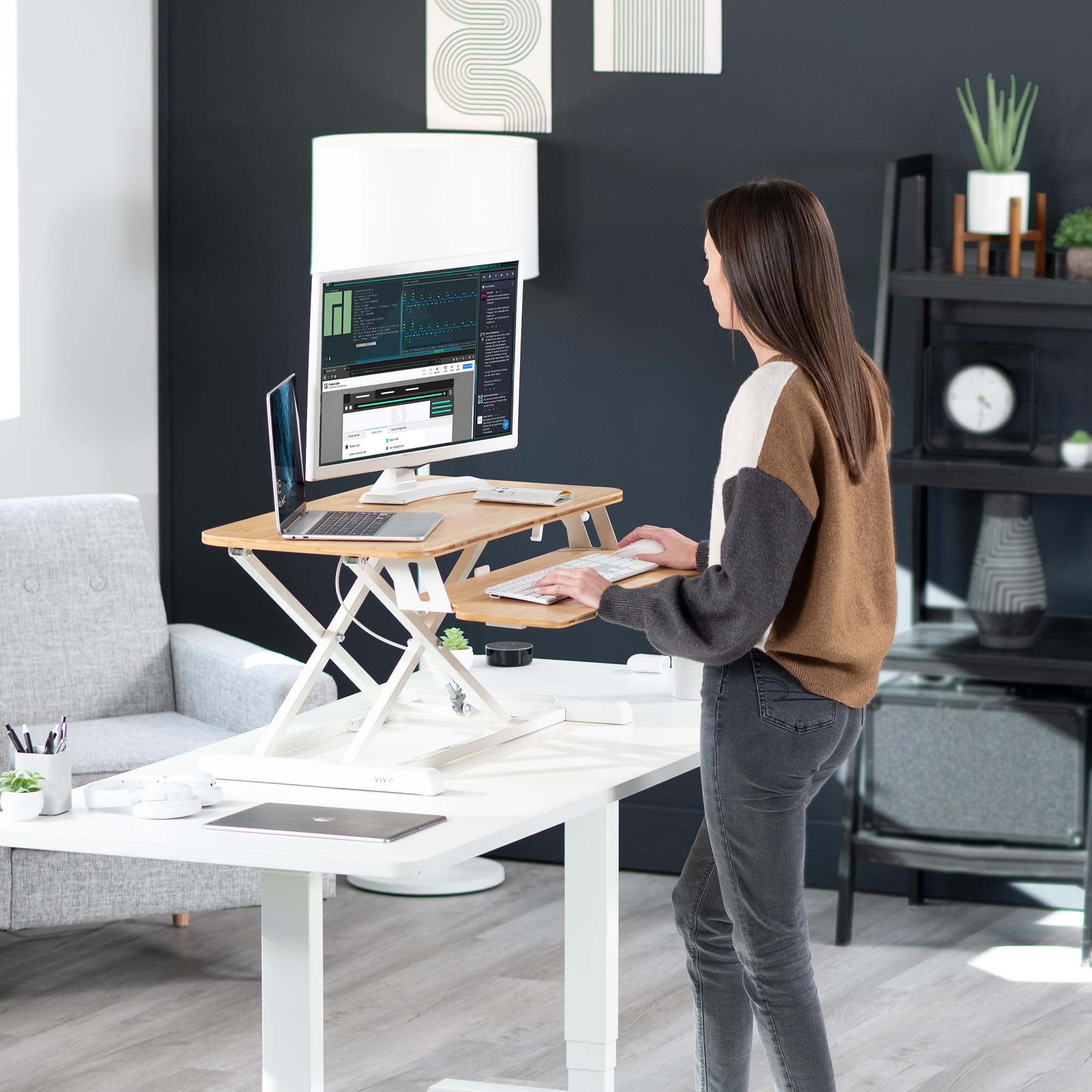 32 inch Desk Converter, K Series, Height Adjustable Sit to Stand Riser, Dual Monitor and Laptop Workstation with Wide Keyboard Tray, Bamboo Top, White Frame, DESK-V000KO