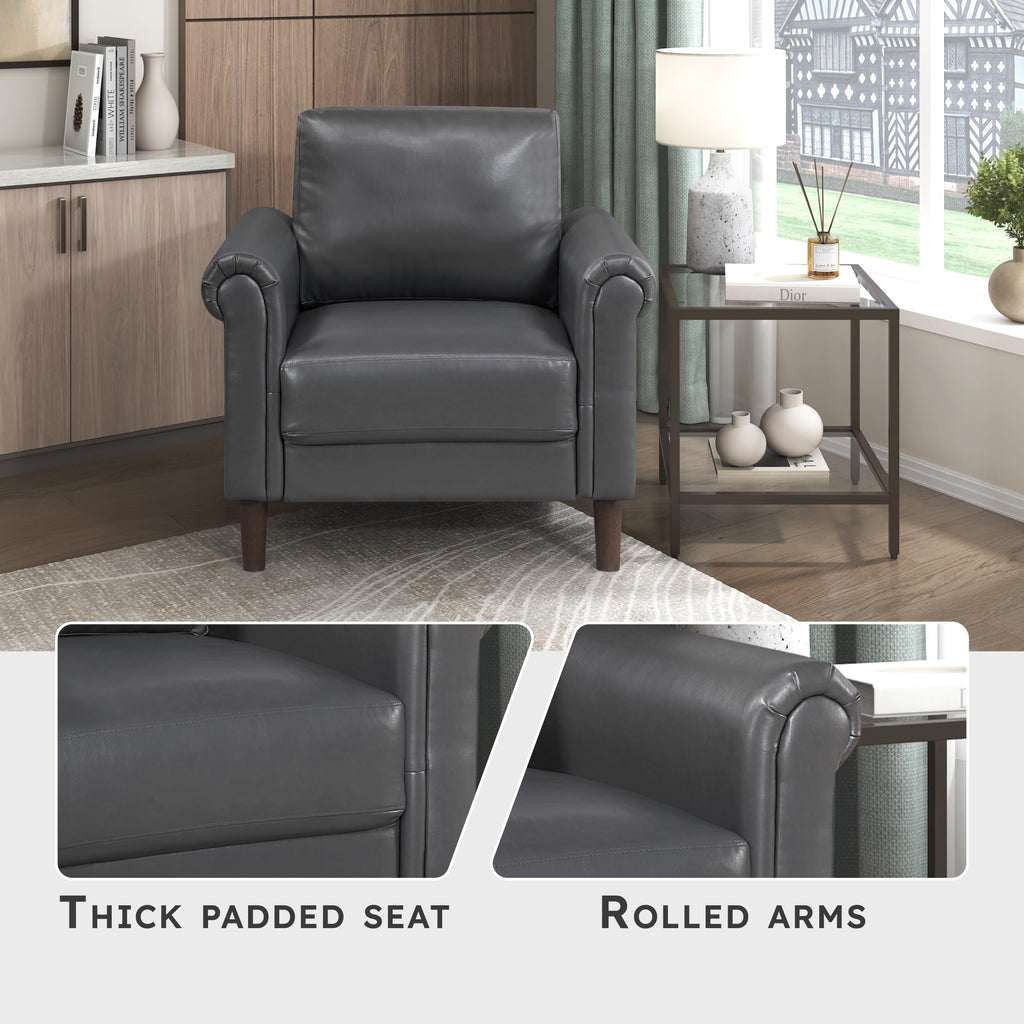 35" W Living Room Accent Chair, Faux Leather Upholstered Armchair with Rolled Arms & Wood-Look Feet, Traditional Single Sofa Chair for Living Room, Bedroom or Office - Dark Gray