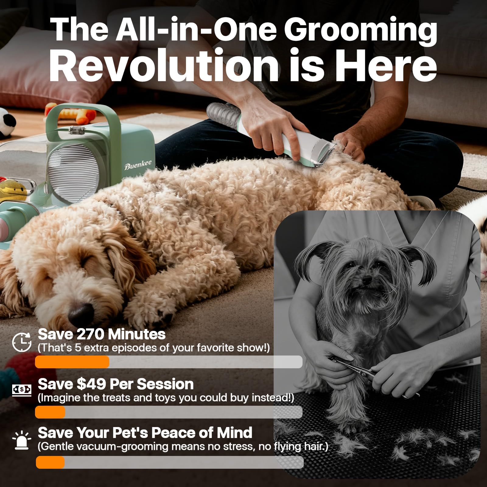Dog Grooming Kit with Vacuum, 15000Pa Pet Hair Clipper and Shedding Brush, 50dB Low Noise, 2L Capacity, White