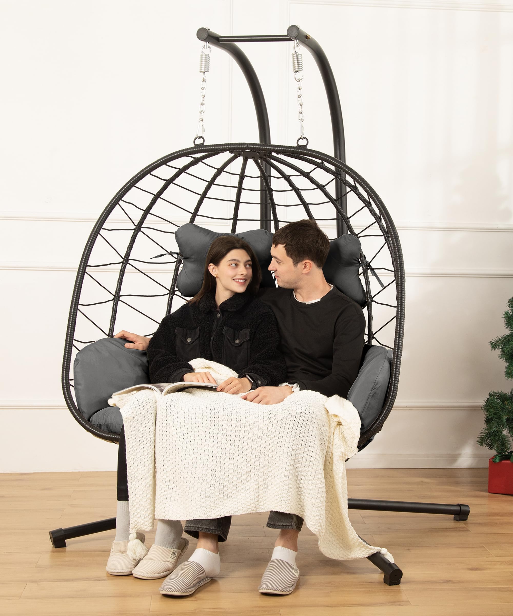 Double Egg Chair with Stand Hammock Swing Chair Foldable Hanging Loveseat, UV Resistant Removable Cushions, 700LBS Capacity for Bedroom, Balcony, Garden(BK-GR)
