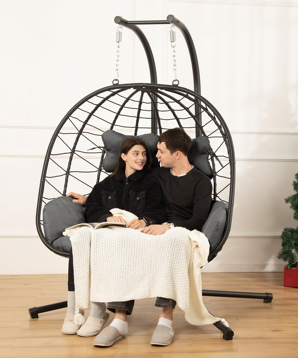 Double Egg Chair with Stand Hammock Swing Chair Foldable Hanging Loveseat, UV Resistant Removable Cushions, 700LBS Capacity for Bedroom, Balcony, Garden(BK-GR)