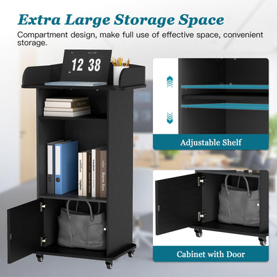 Podium Stand with Metal Wheels Wooden Lectern Podium Stand Portable Pulpit Standing with Storage Mobile Reception Podiums Desk for Church Office School Conference Restaurant Meeting, Black