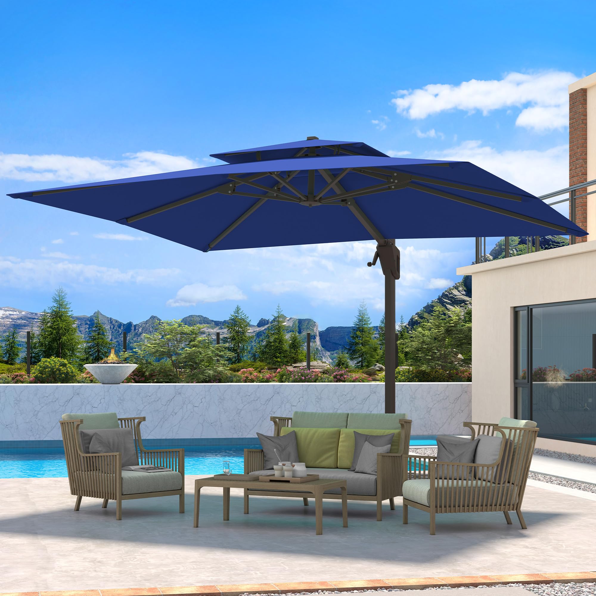 10 X 13 FT Cantilever Patio Umbrella Outdoor Heavy Duty Double Top Windproof Rectangle Offset Umbrellas with 360-degree Rotation for Pool Deck Backyard, Navy