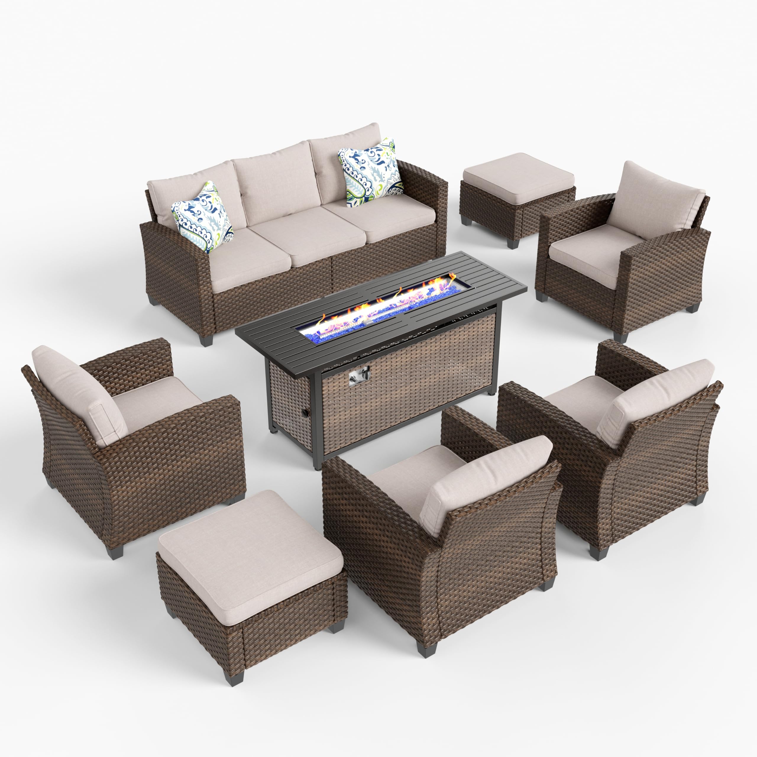 Patio Furniture Set, Outdoor Wicker Furniture with Fire Pit, 8 Pieces Deep Seating Outdoor Conversation Sofa Sets with Thick Cushions for Deck Backyard Lawn, Beige