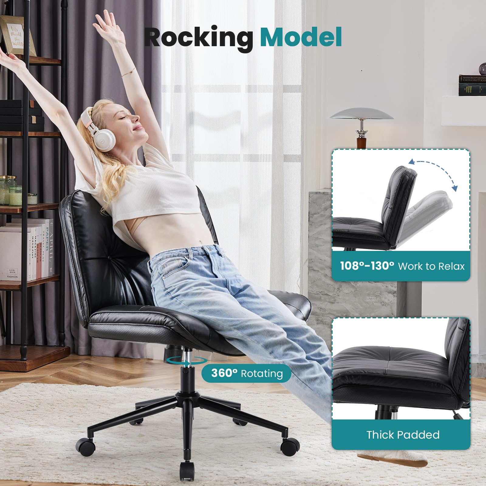 Criss Cross Chair with Wheels Armless Wide Cross Legged Vanity Office Desk Chair with Comfy PU Leather& Back - Swivel for Home Office Bedroom, Black