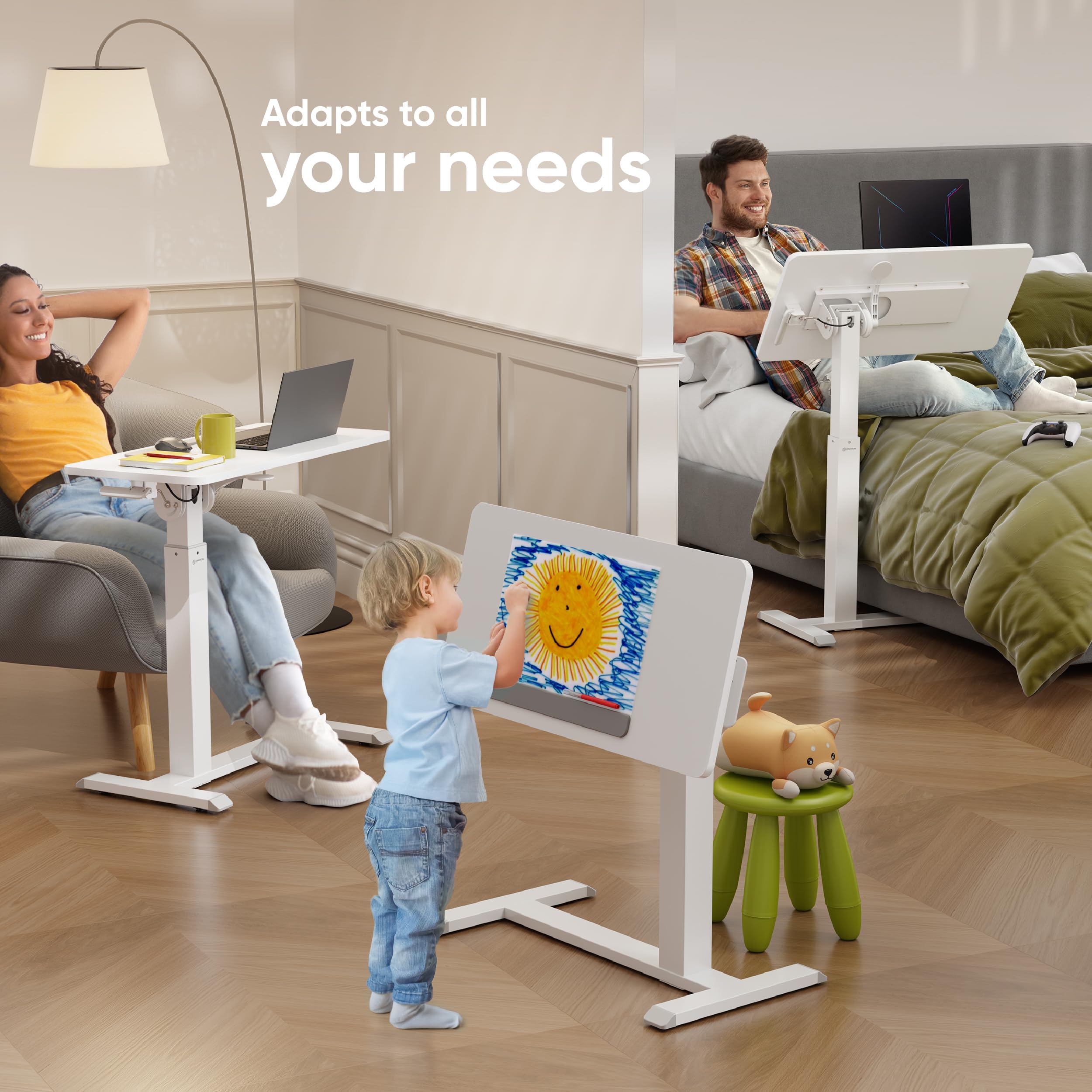 Laptop Cart on Wheels, max Load up to 17.6 lbs, Small Rolling Table with Hidden Wheels, Mobile Standing Desk Adjustable Height, 90° Tilting Portable Workstation, Overbed Bedside Desk White
