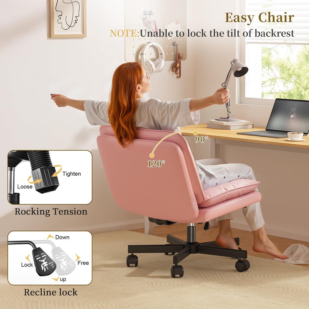 Criss Cross Chair with Wheels,Cross Legged Office Chair with 2 Layer Cushion,Wide Seat,Leather,Amless, for Home,Office,Make Up,Vanity,Bed Room,Pink