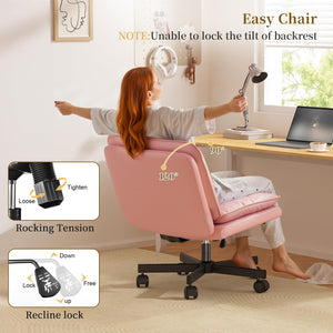 Criss Cross Chair with Wheels,Cross Legged Office Chair with 2 Layer Cushion,Wide Seat,Leather,Amless, for Home,Office,Make Up,Vanity,Bed Room,Pink