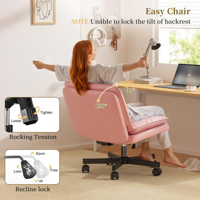 Criss Cross Chair with Wheels,Cross Legged Office Chair with 2 Layer Cushion,Wide Seat,Leather,Amless, for Home,Office,Make Up,Vanity,Bed Room,Pink