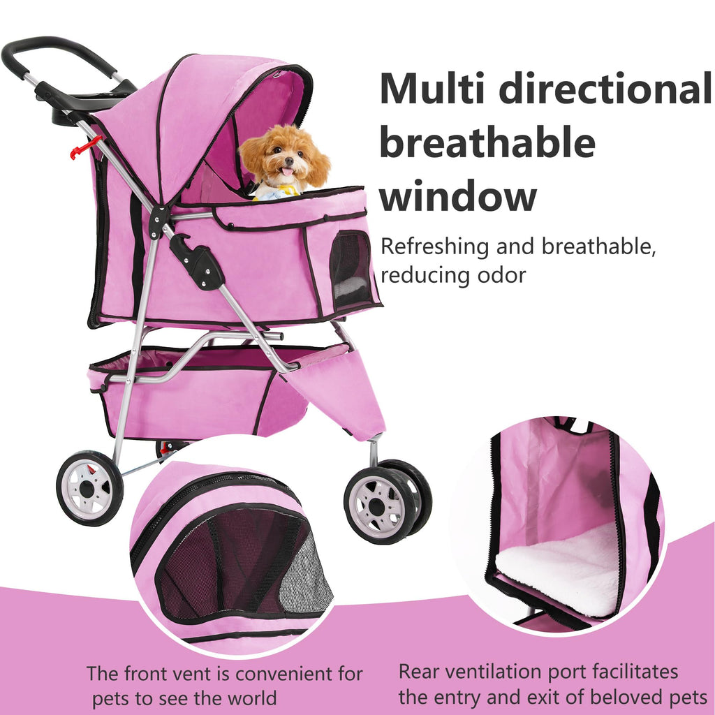 3-Wheel Pet Stroller Foldable Dog Cat Jogger Stroller Durable Travel Folding Carrier with Storage Basket Cup Holder,Peach Pink