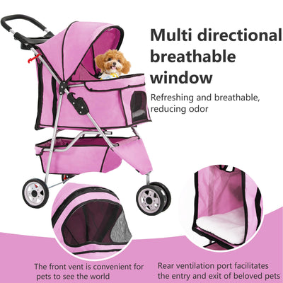 3-Wheel Pet Stroller Foldable Dog Cat Jogger Stroller Durable Travel Folding Carrier with Storage Basket Cup Holder,Peach Pink