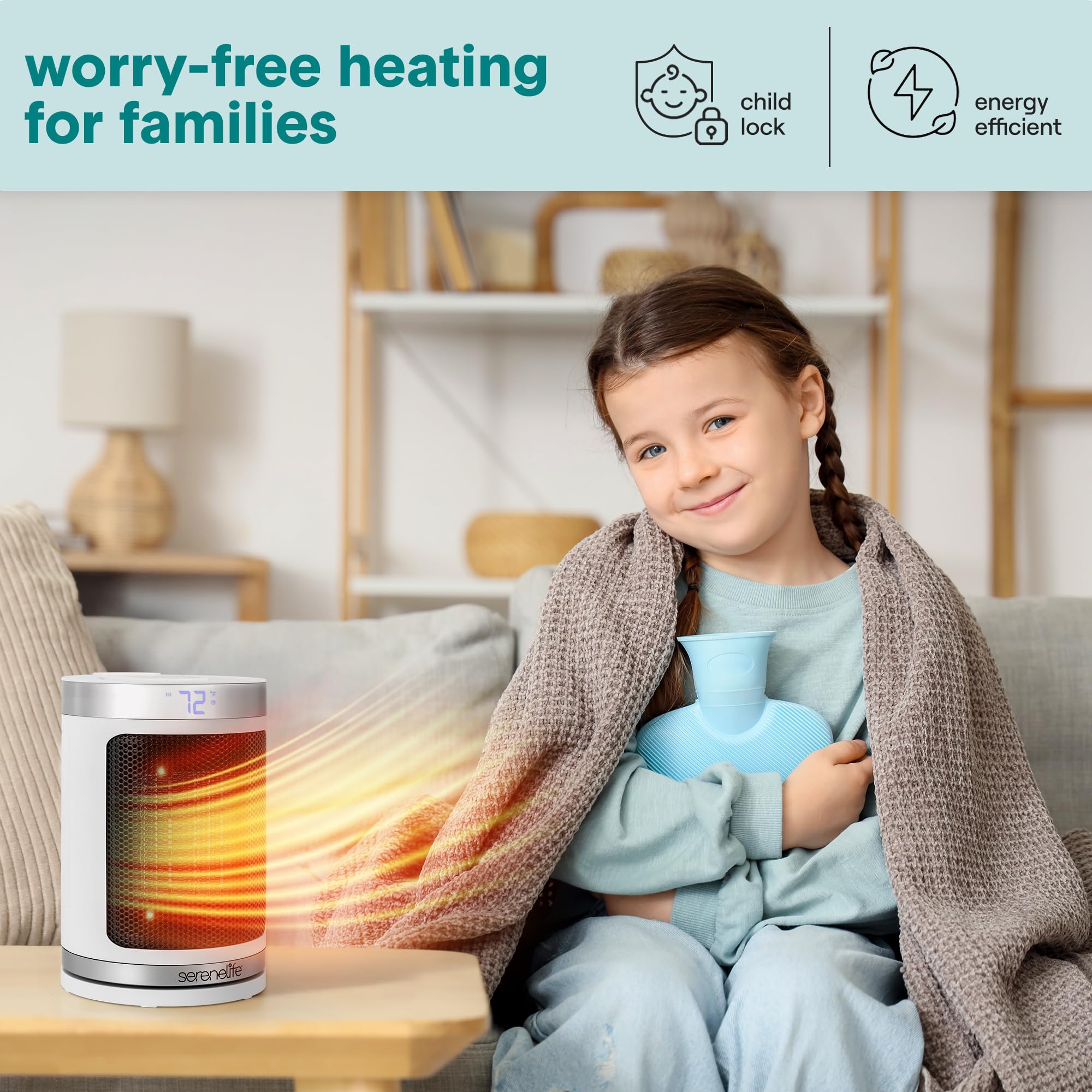 Portable Space Heater – 1500W PTC Ceramic Electric Heater with Thermostat, Remote, 12-Hour Timer, 3 Heating Modes, Oscillation, Safe & Quiet for Home, Office, Bedroom (White)
