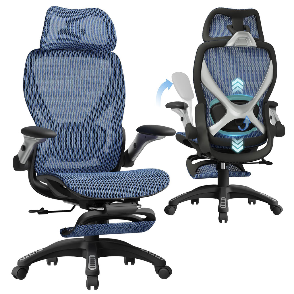 Ergonomic Office Chair with Footrest, Big and Tall Home Desk Chair with 5D Flip-Up Arms, Adjustable 3D Lumbar Support,High Back Rolling Computer Chair, Swivel Mesh Chairs (Oaxaca Blue)
