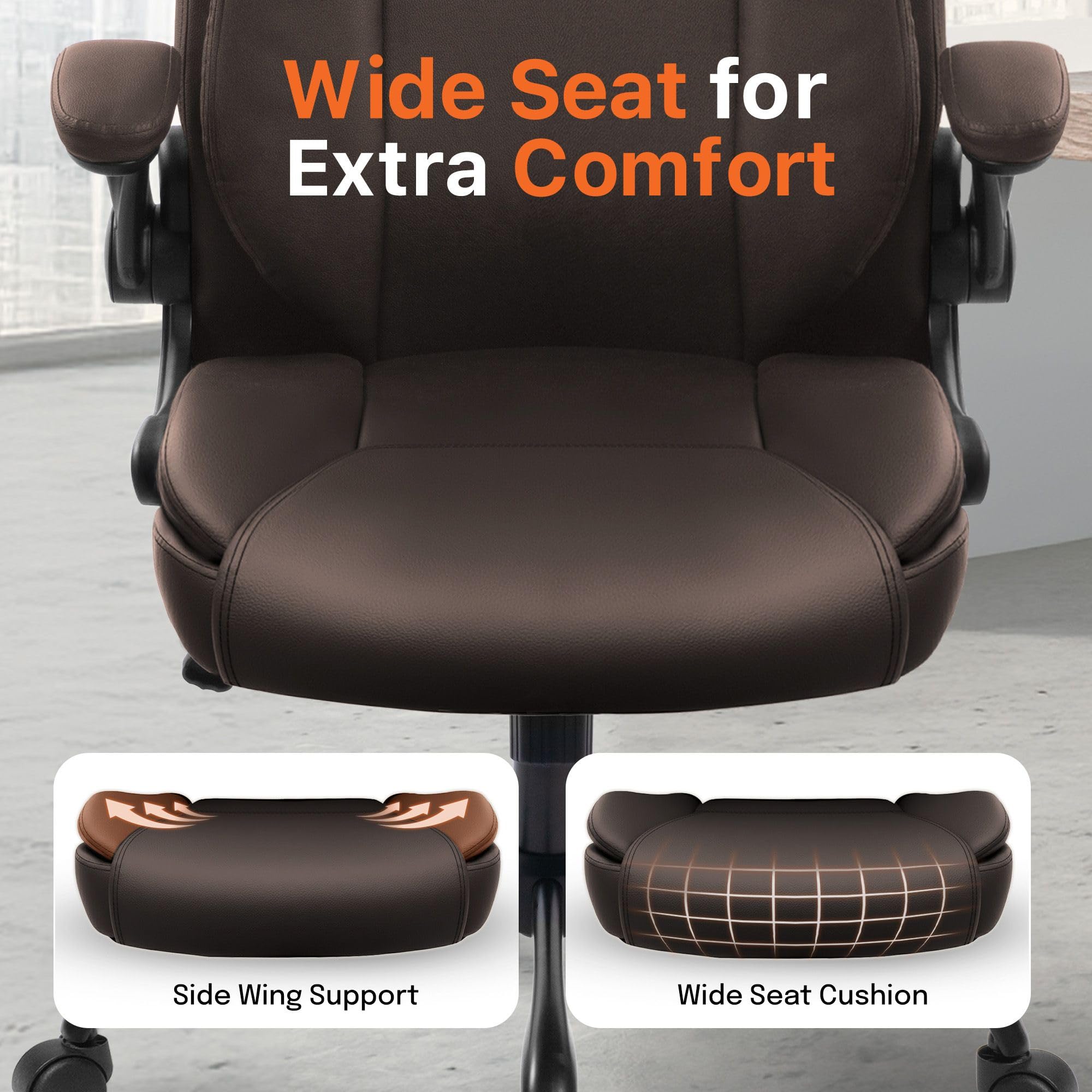 Office Desk Gaming Computer Home Chair Ergonomic Executive High Back Support Flip-up Arms Adjustable Height Swivel Rolling Wheels Comfy PU Leather (Brown)
