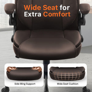 Office Desk Gaming Computer Home Chair Ergonomic Executive High Back Support Flip-up Arms Adjustable Height Swivel Rolling Wheels Comfy PU Leather (Brown)