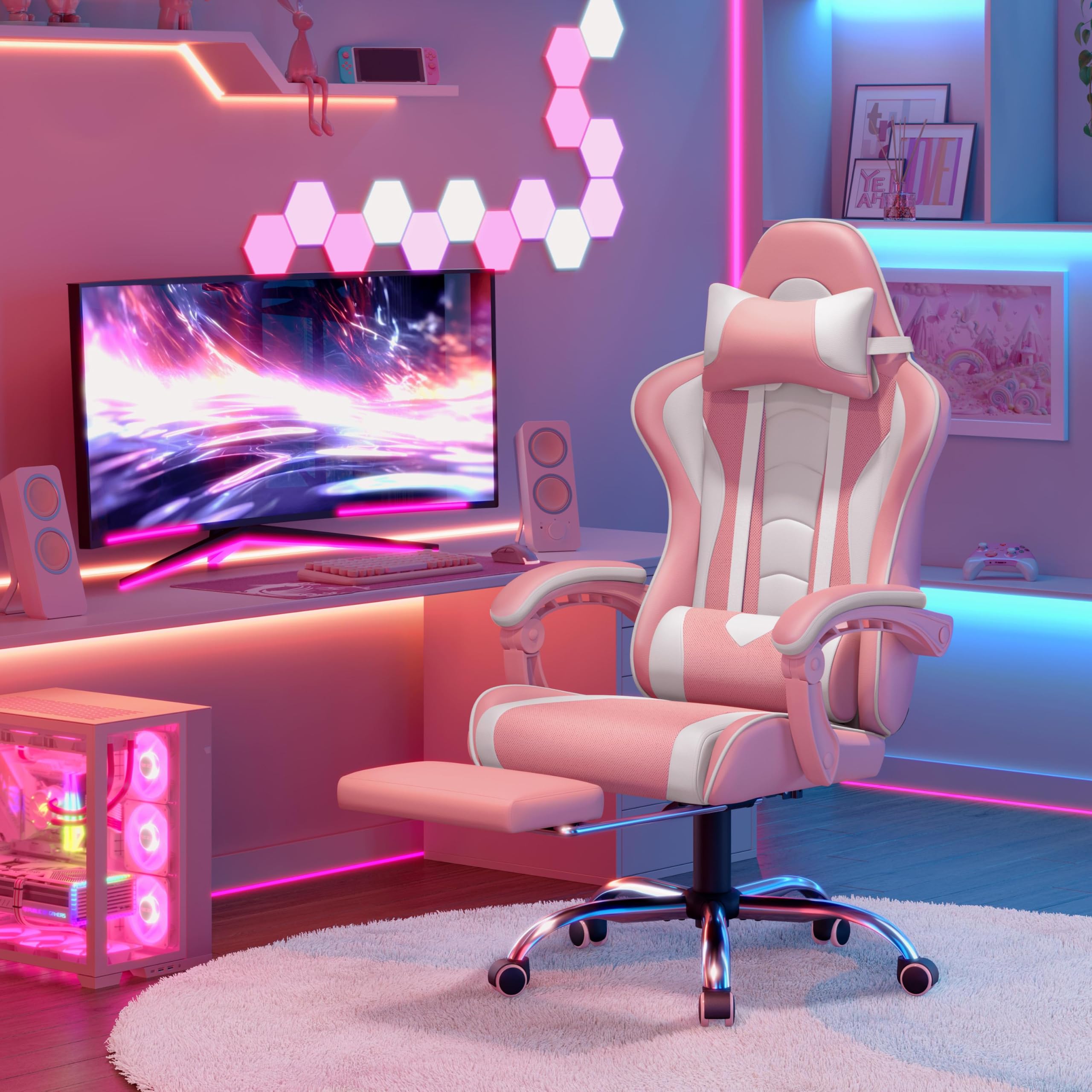 Gaming Chair, Video Game Chair with Massage Lumbar Support and Footrest Height Adjustable Ergonomic Computer Chair with Swivel Seat and Headrest, Pink/White