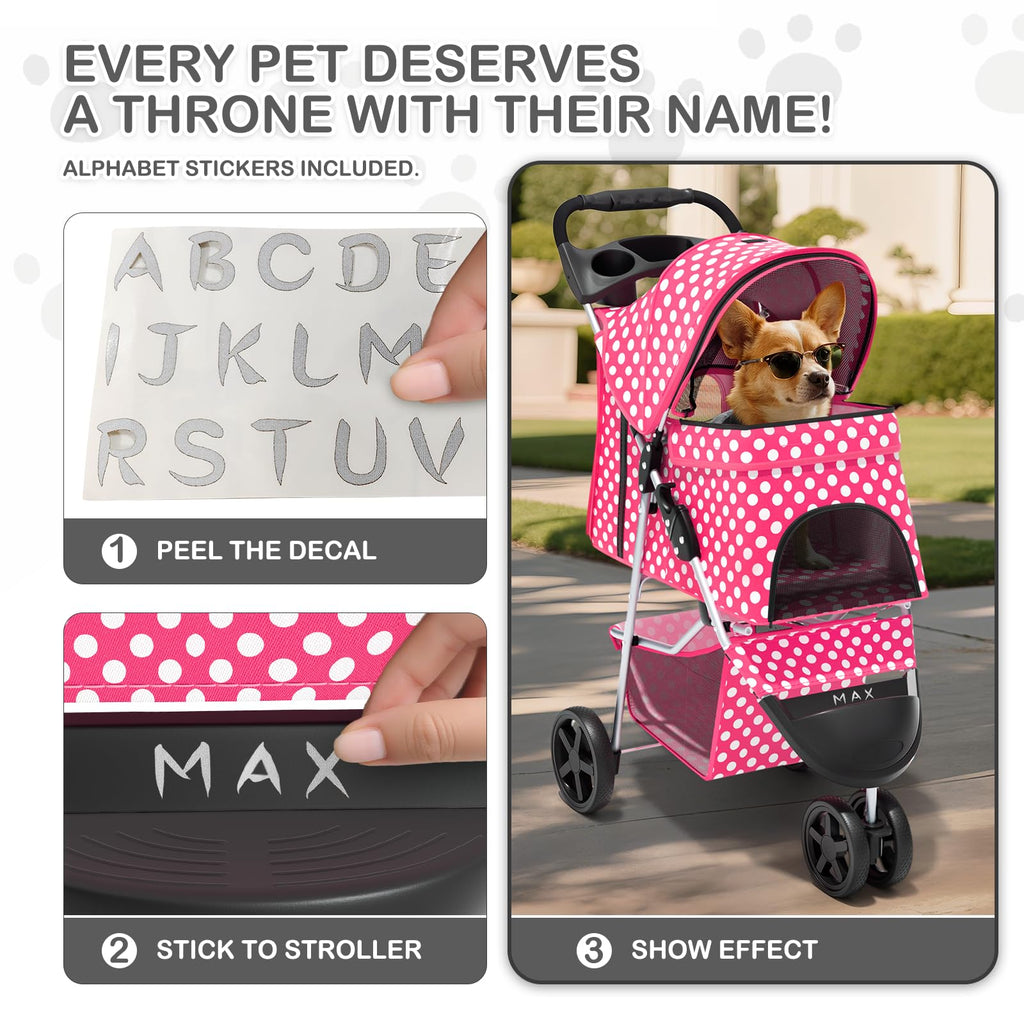 3 Wheels Pet Dog Cat Stroller for Small Medium Dogs Cats, Foldable Jogger Stroller w/Storage Basket and Cup Holder, Hot Pink Polka Dots