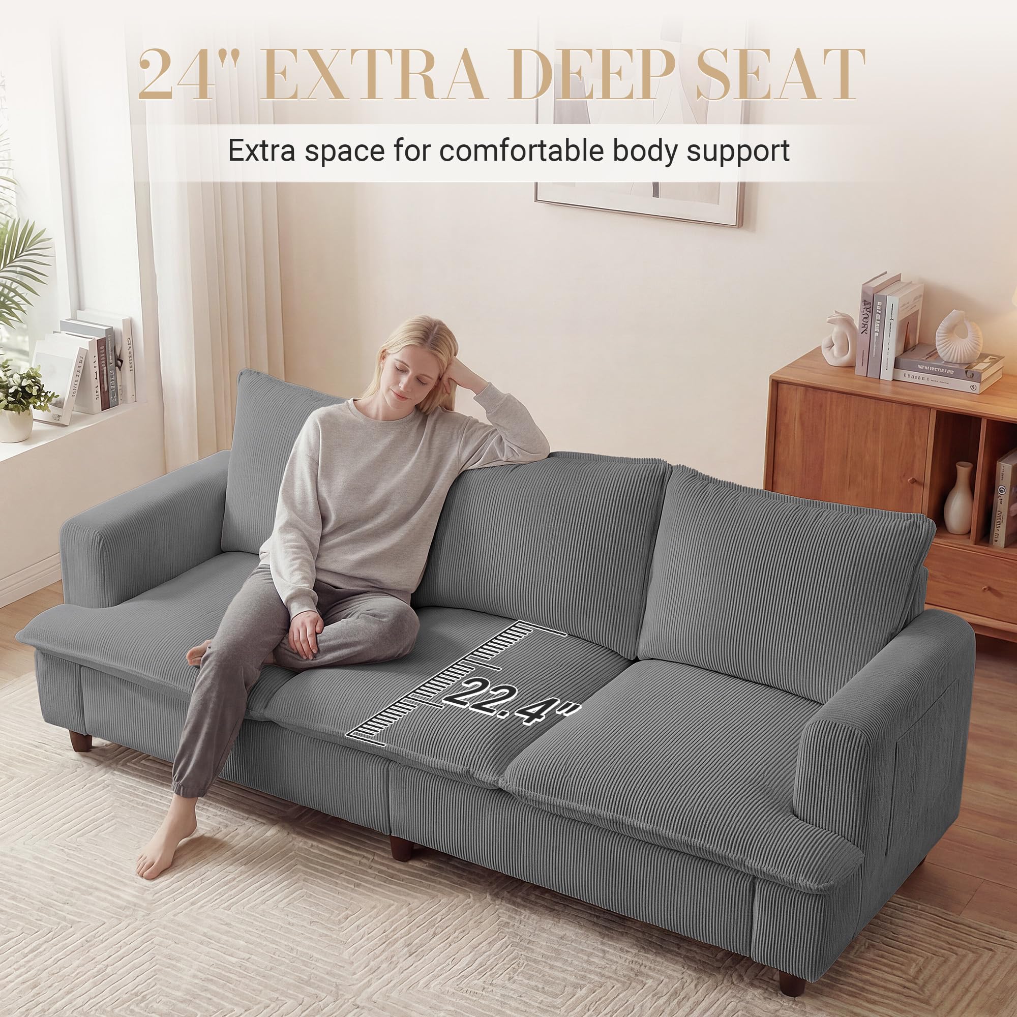 3 Seater Couch, 83" Comfy Corduroy Sofa with Deep Seat, Modern Sofa Couch for Living Room, Office, Bedroom, Apartment (Pillows not Included)