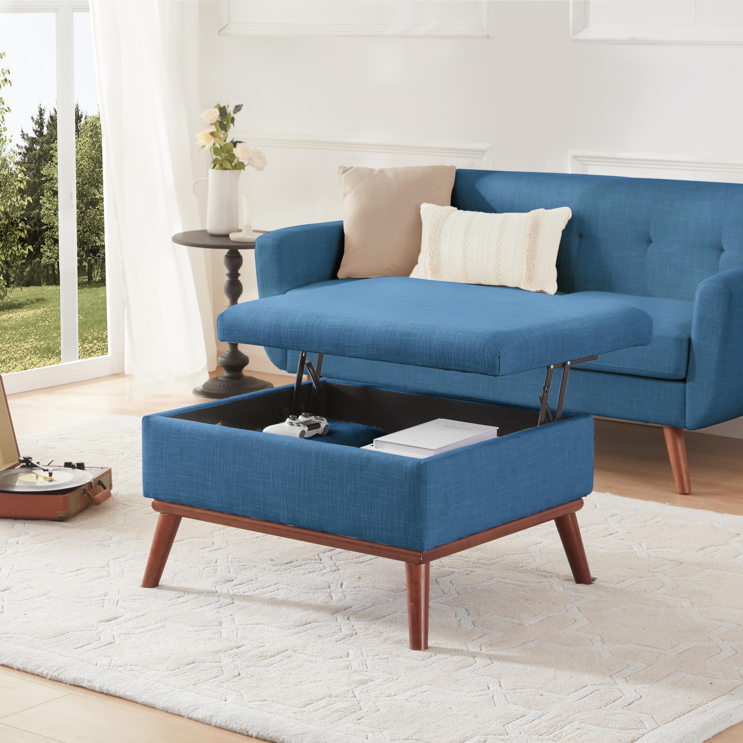 65" W Loveseat Sofa with Ottoman Coffee Table, Mid Century Modern Decor Love Seat Couches and Ottoman with Storage for Living Room, Button Tufted Upholstered Love Seats Furniture Set, Blue