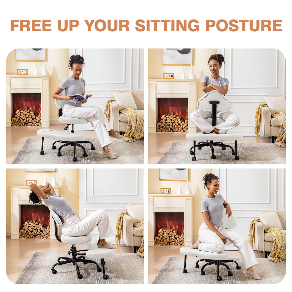 Cross Legged Office Chair, Criss Cross Desk Chair ADHD Meditation Kneeling Yoga Seat with Adjustable Height, Lumbar Support, Wider Footrest and Wheels (White)