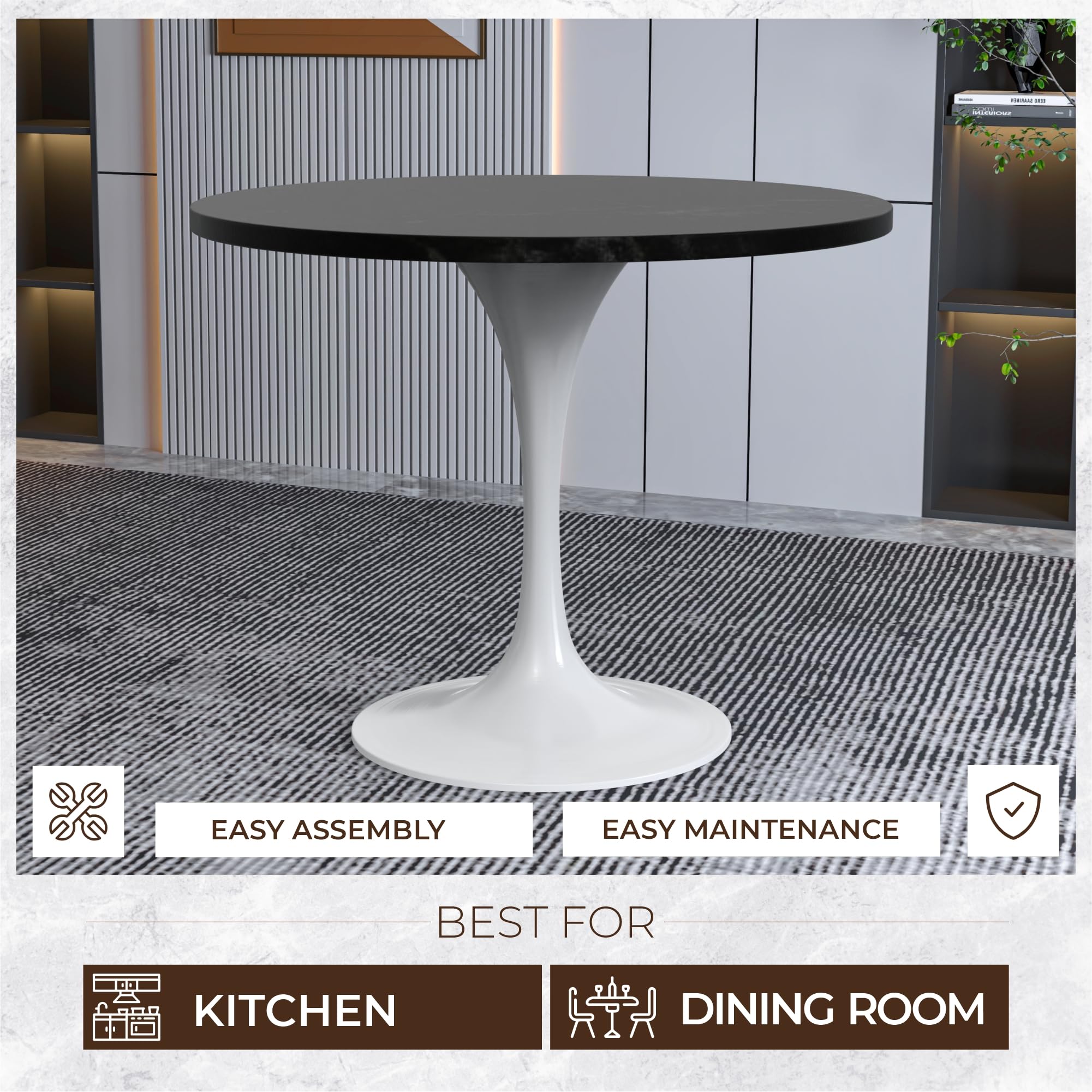 Mid-Century Modern 36 Inch Round Dining Table, MDF Wood Tabletop with White Steel Pedestal Base, Contemporary Kitchen & Dining Room Table, for Small Spaces (Black)