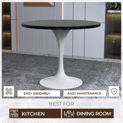 Mid-Century Modern 36 Inch Round Dining Table, MDF Wood Tabletop with White Steel Pedestal Base, Contemporary Kitchen & Dining Room Table, for Small Spaces (Black)