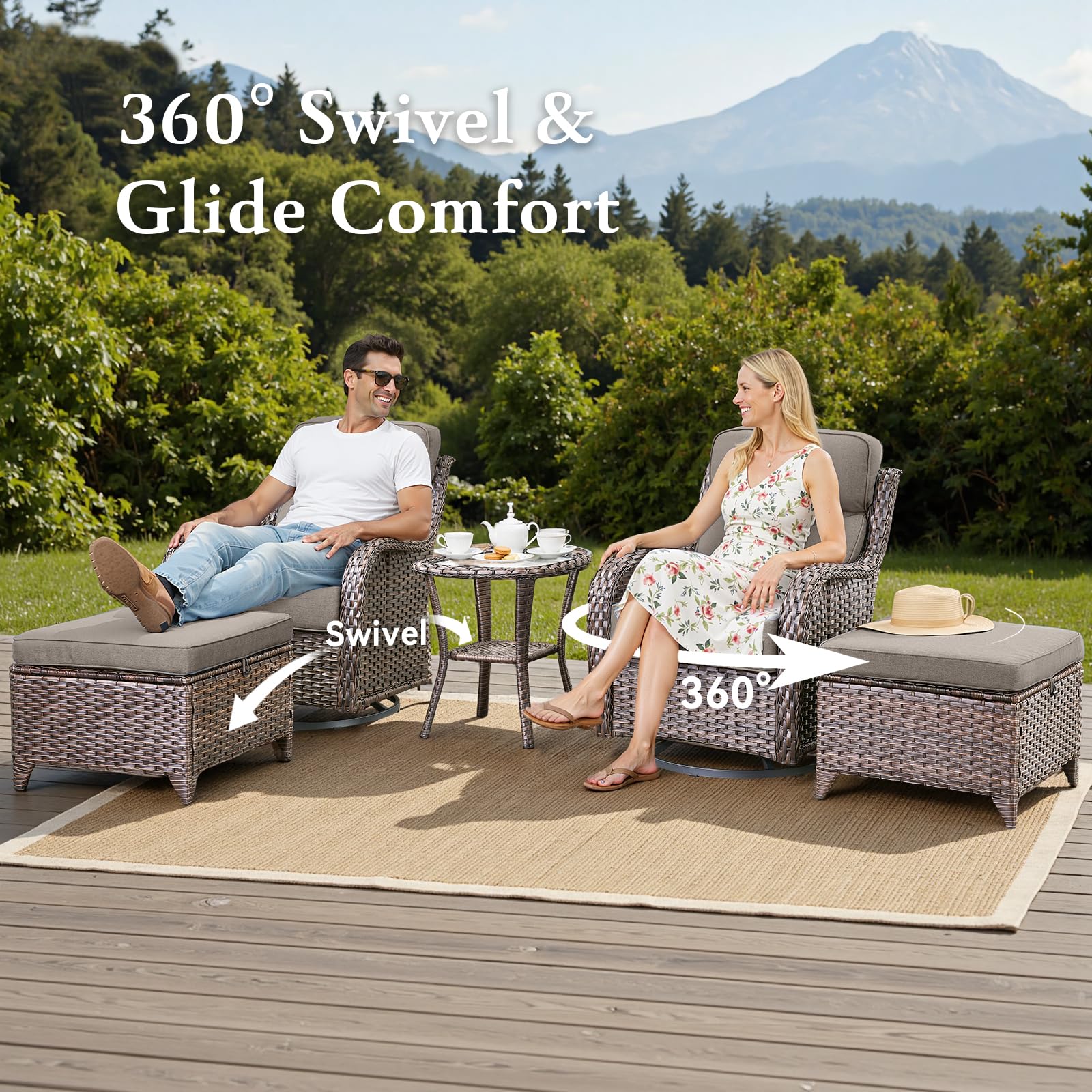 Luxury 6" Thick Cushioned 11 Pieces Patio Furniture Set with Outdoor Couch, Wicker Outdoor Conversation Set with High Back Swivel Rocker Chairs for Deck Porch Yard and Poolside - Brown+Grey