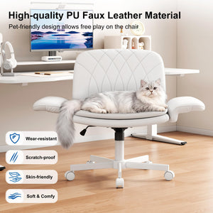 Criss Cross Chair with Armrests & Wheels for Cross-Legged Sitting, Comfortable PU Leather Vanity Chair, Office Desk Chairs with Adjustable Rocking Function, for Home, Bedroom White