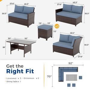 7 Piece Patio Furniture Set, High Curved Back Wicker Patio Sectional, All Weather Outdoor Dining Set, Outdoor Furniture Patio Conversation Set with Ottoman, Blue
