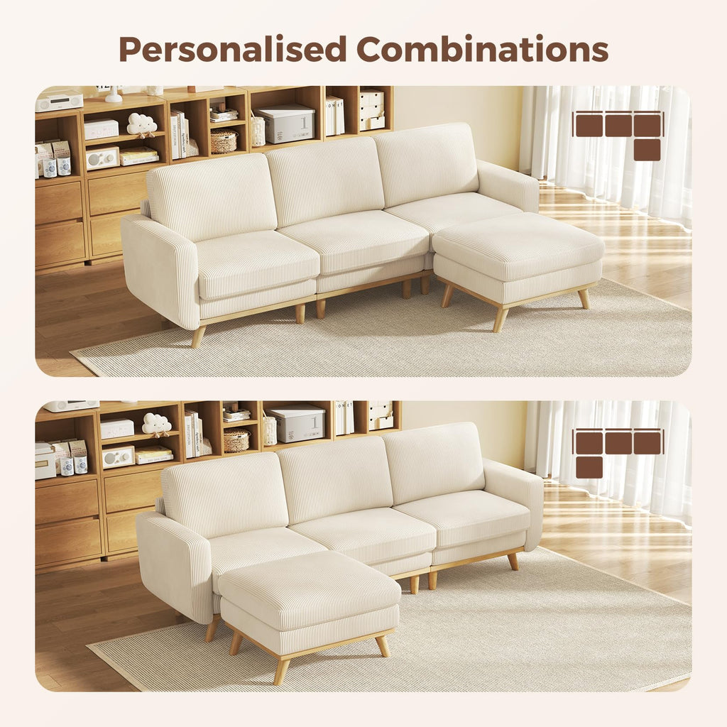 97" Modular Sectional Sofa Beige, L-Shaped Couch with Movable Ottoman, Comfy Corduroy Couch with Spring Cushion, Modular Sofa with Deep Seat for Living Room, Bedroom and Apartment