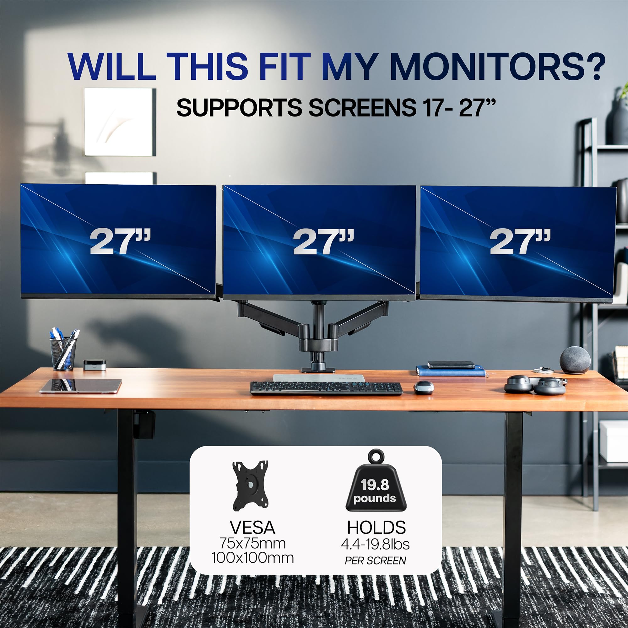 Triple Monitor Stand, Fully Adjustable Arms for 17 to 27 inch Screens, Mechanical Articulating Desk Mount, Gaming and Office Setups, VESA 75x75, 100x100, Max 19.8 lbs, Classic, Black, STAND-V003O