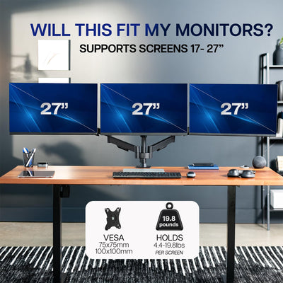 Triple Monitor Stand, Fully Adjustable Arms for 17 to 27 inch Screens, Mechanical Articulating Desk Mount, Gaming and Office Setups, VESA 75x75, 100x100, Max 19.8 lbs, Classic, Black, STAND-V003O
