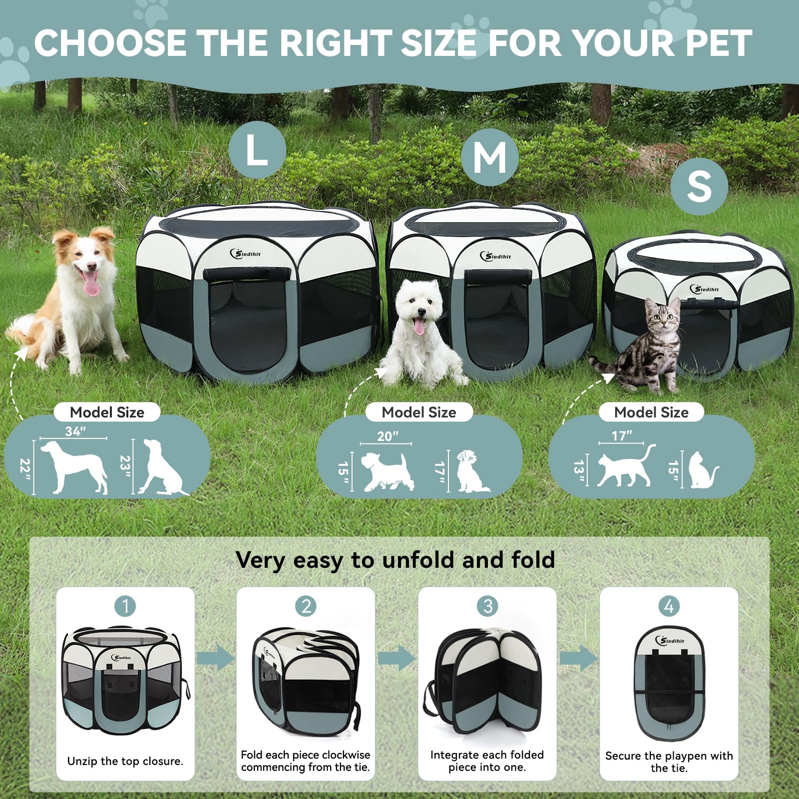 Medium Dog Cat Playpen, Puppy Pet Playpen Indoor for Small Dog Crate Tent Cage Outdoor, Portable Pop Up Dogs Enclosure Kennel with Carrying Case for Dogs/Cats/Rabbits (Grey with Pad, Medium)