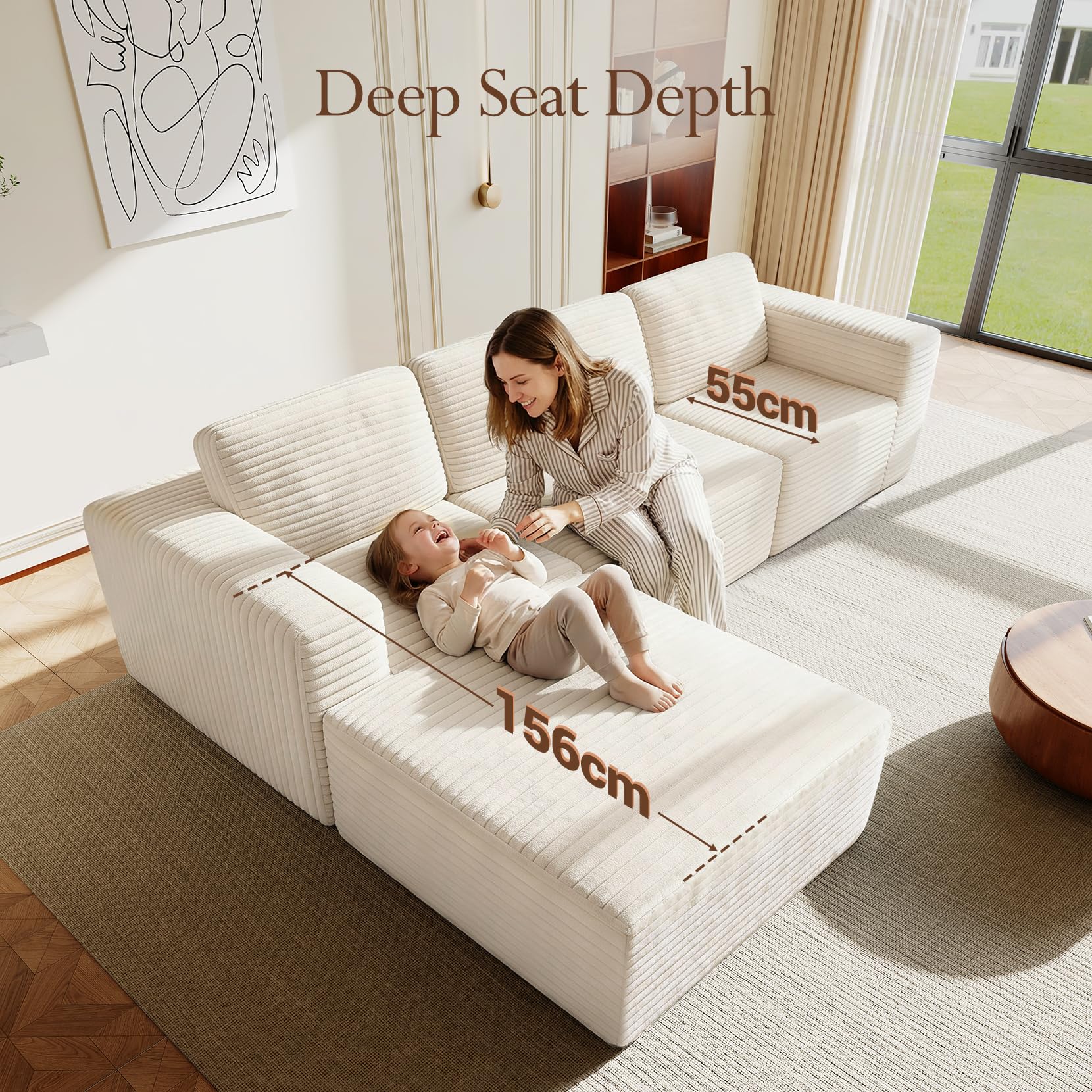 119" L-Shaped Modular Sectional Sofa, Corduroy Cloud Couch with Deep Seating & Spring Support, Flexible Layout Sofa with Ottoman, Boneless Style, No Assembly Required, Beige