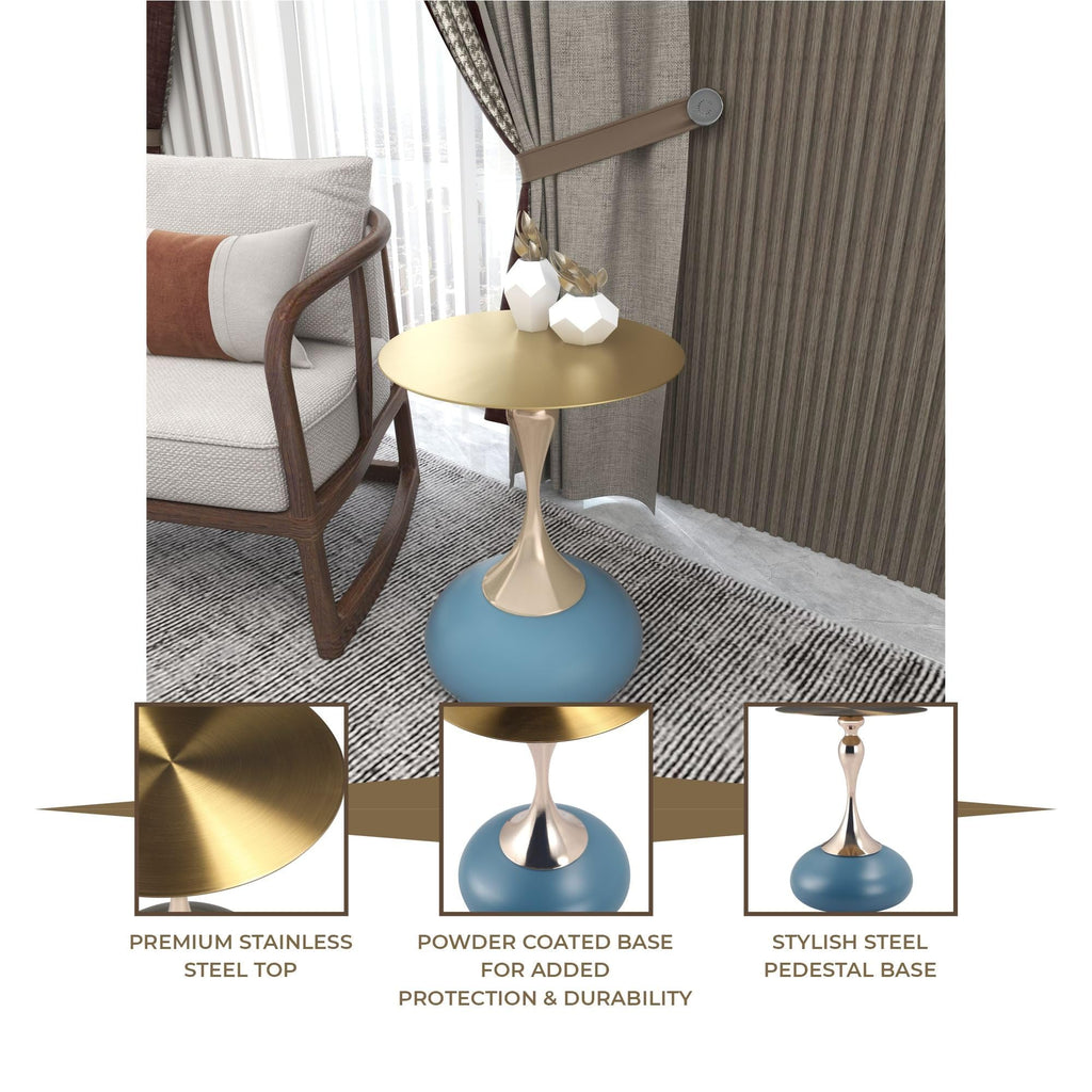 Modern Round Side Table with Gold Stainless Steel Top, Gold Pedestal Stem & Glossy Base, Accent End Table for Living Room, Bedroom, or Small Spaces, 17.7" × 21.6", Blue