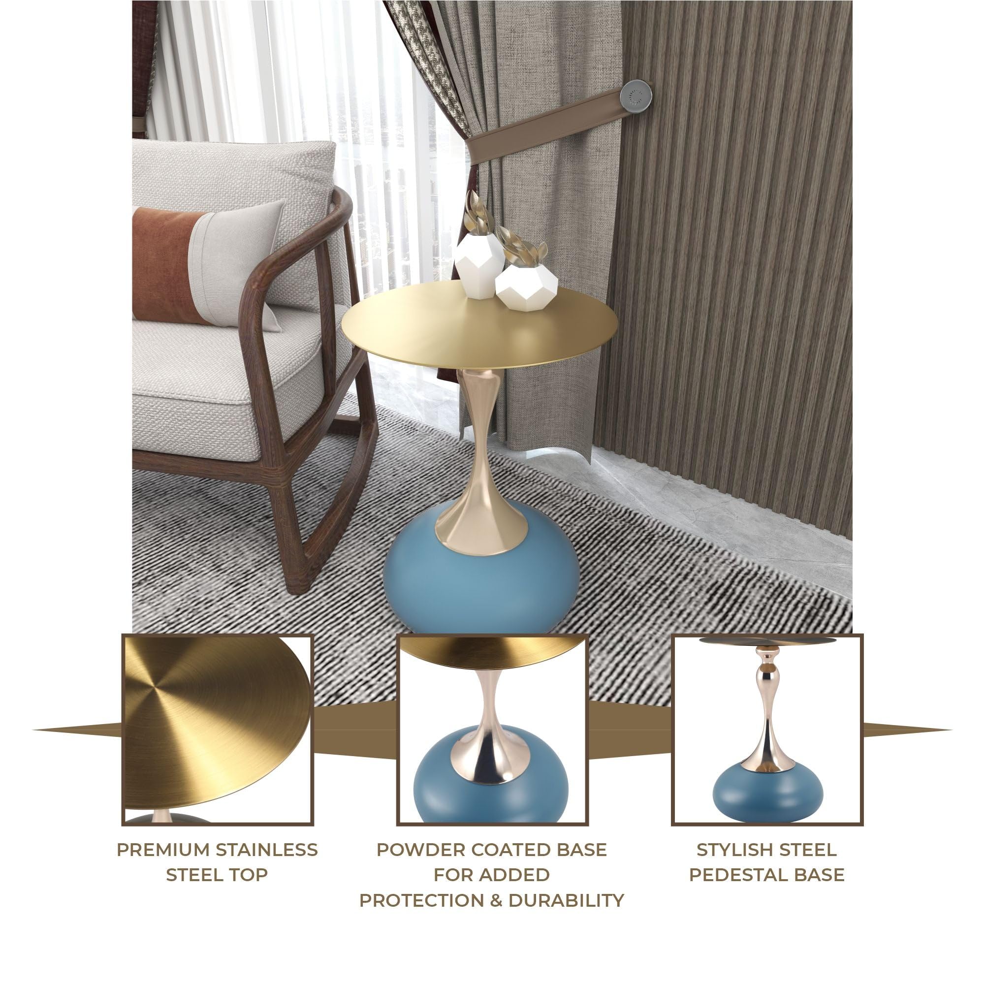Modern Round Side Table with Gold Stainless Steel Top, Gold Pedestal Stem & Glossy Base, Accent End Table for Living Room, Bedroom, or Small Spaces, 17.7" × 21.6", Blue