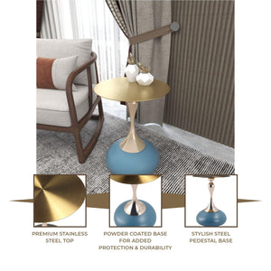 Modern Round Side Table with Gold Stainless Steel Top, Gold Pedestal Stem & Glossy Base, Accent End Table for Living Room, Bedroom, or Small Spaces, 17.7