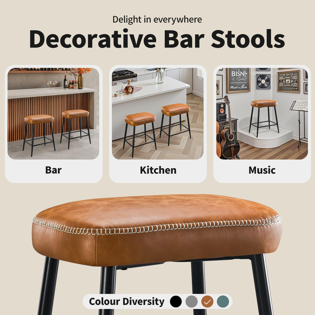 24 Inch Bar Stools Set of 2, Counter Height Bar Stool for Kitchen Island, Metal Bar Stools for Counter, Modern Kitchen Stools with Sturdy Metal Base and Adjustable Foot Pins, Brown