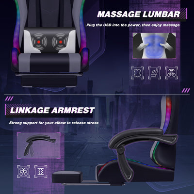 Gaming Chair, Video Game Chair with Footrest and Massage Lumbar Support, Ergonomic Computer Chair Height Adjustable with Swivel Seat and Headrest (RGB Lvory)